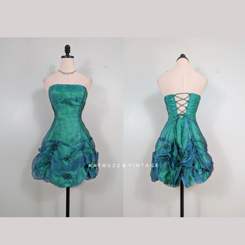 Vintage Morgan Prom Dress Mini Gown S 4 6 Green Corset Y2K Bubble Hoco Strapless